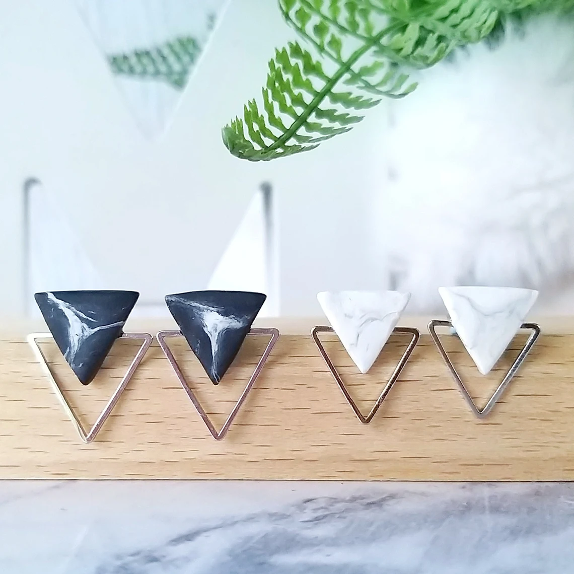 Handmade Polymer Clay Marble Triangle Earrings | Minimalist Geometric Earrings | Hypoallergenic Surgical Steel Stud